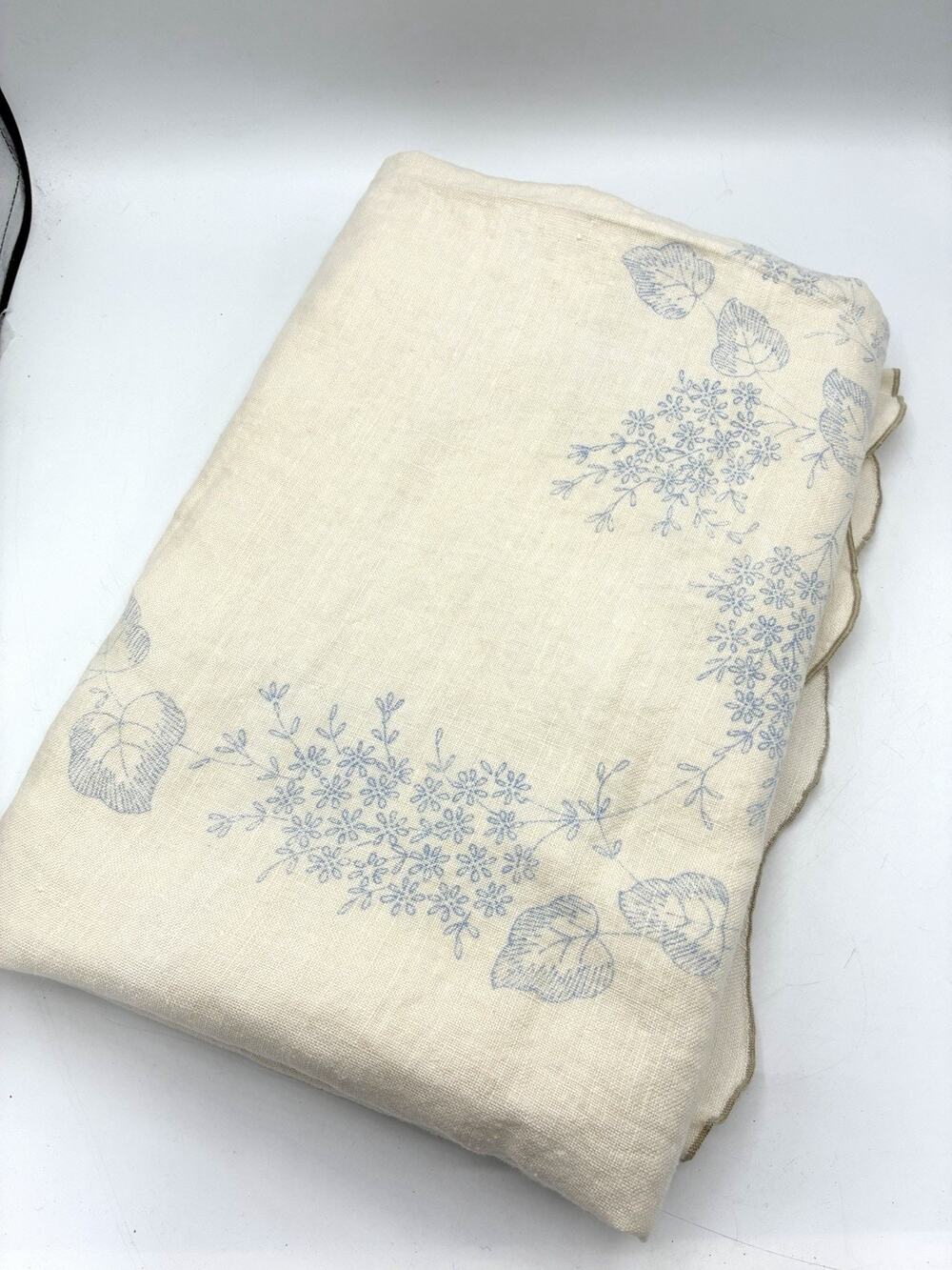 Vintage Ivory Tablecloth Pale Blue Floral Scalloped Edge 53x70 Cottage Linen